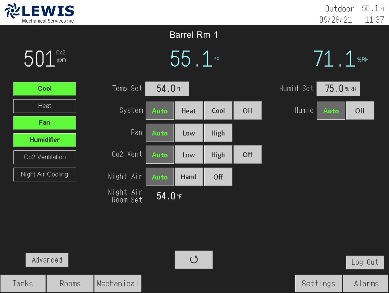 barrel room automations control screen